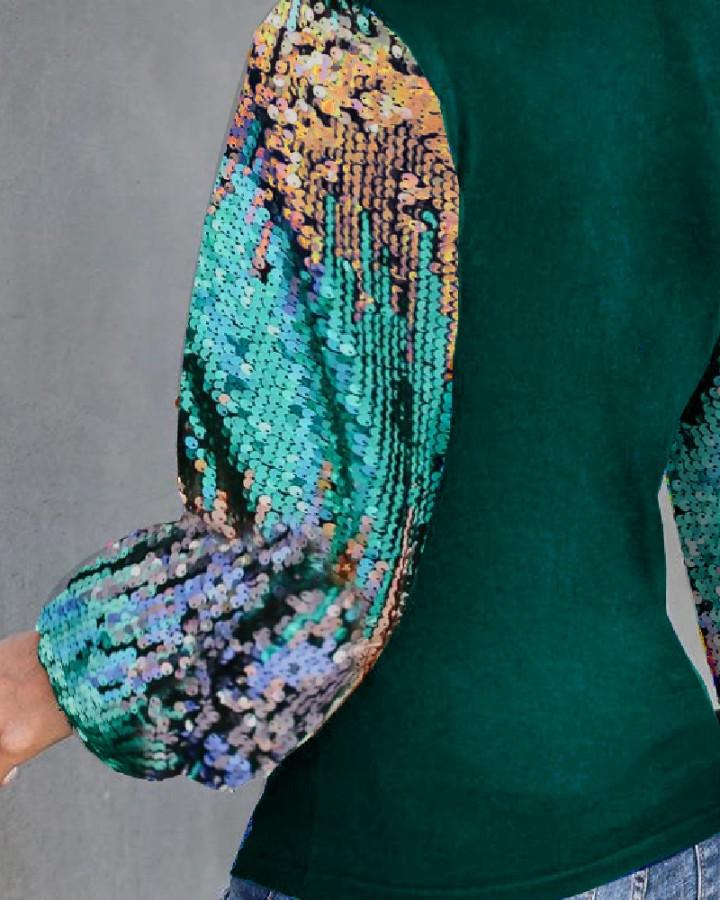 Lantern Sleeve Sequins Colorblock Top