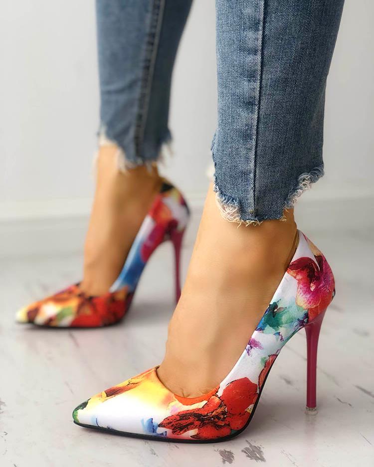 Outlet26 Floral Print Pointed Toe High heels pink
