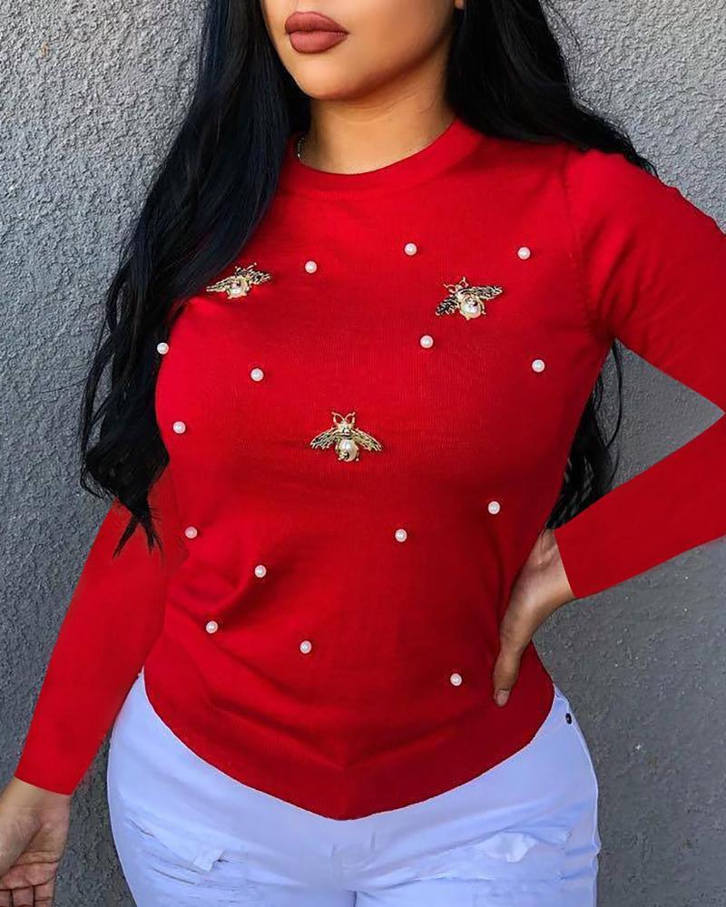 Outlet26 Solid Beaded Bees Design Casual Blouse red
