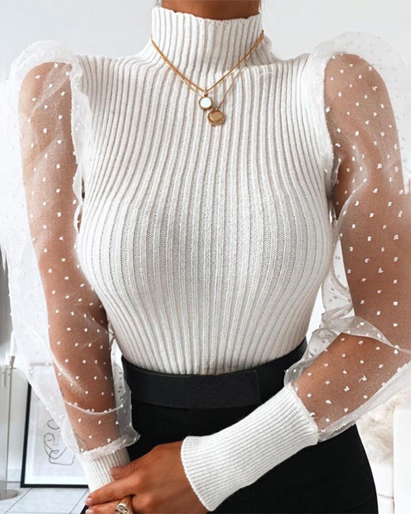 Outlet26 Mesh Dot Puffed Sleeve Ribbed Blouse white