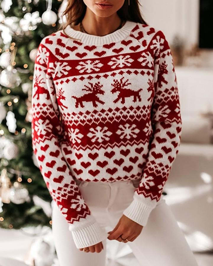 Christmas Reindeer Heart Snow Print Knit Sweater