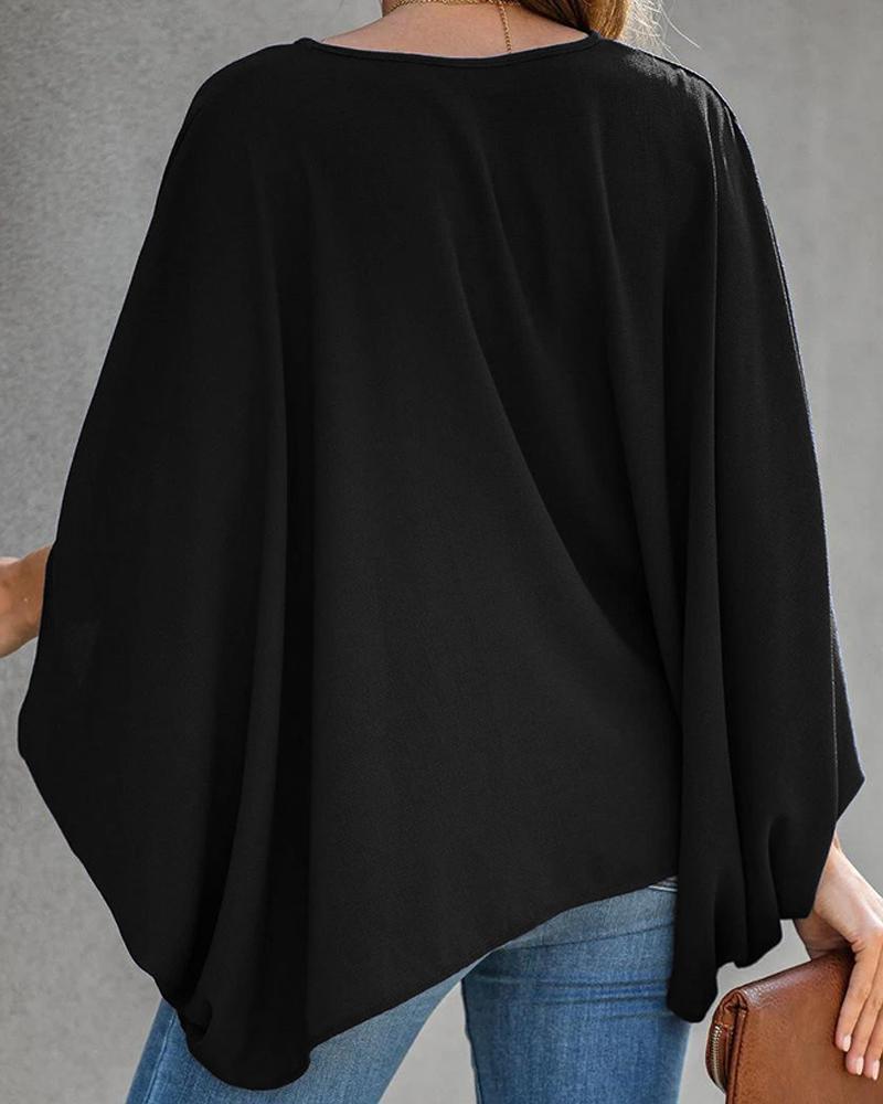 Solid V-neck Batwing Sleeve Blouse