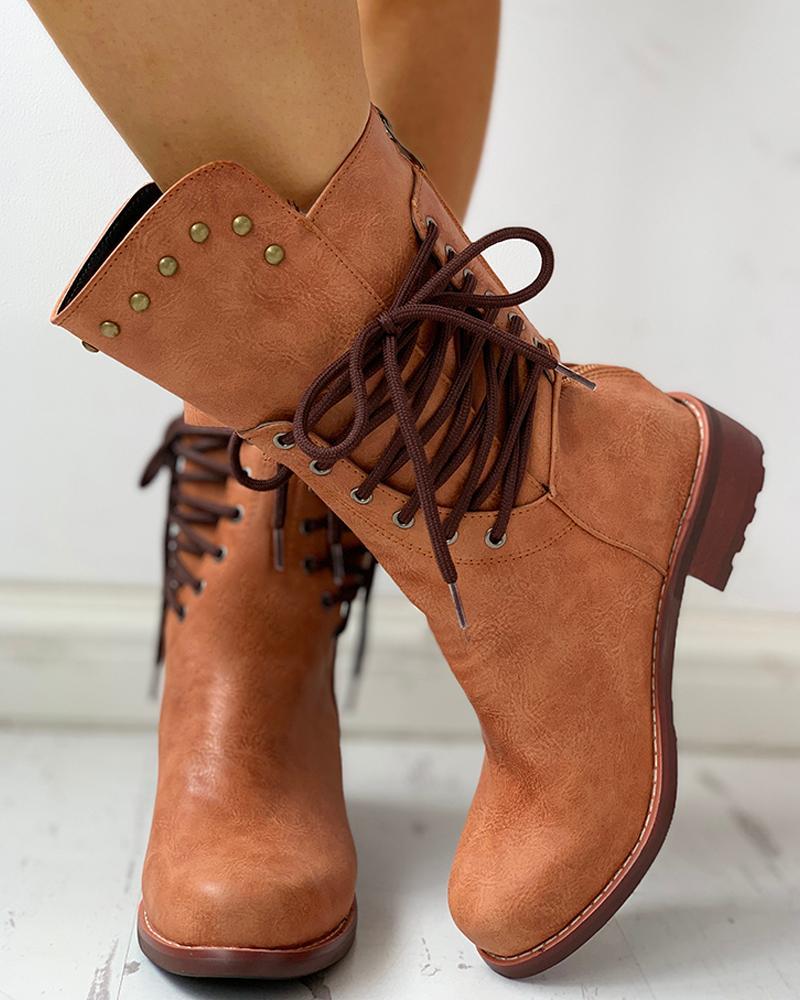 Solid PU Lace-Up Chunky Heeled Boots