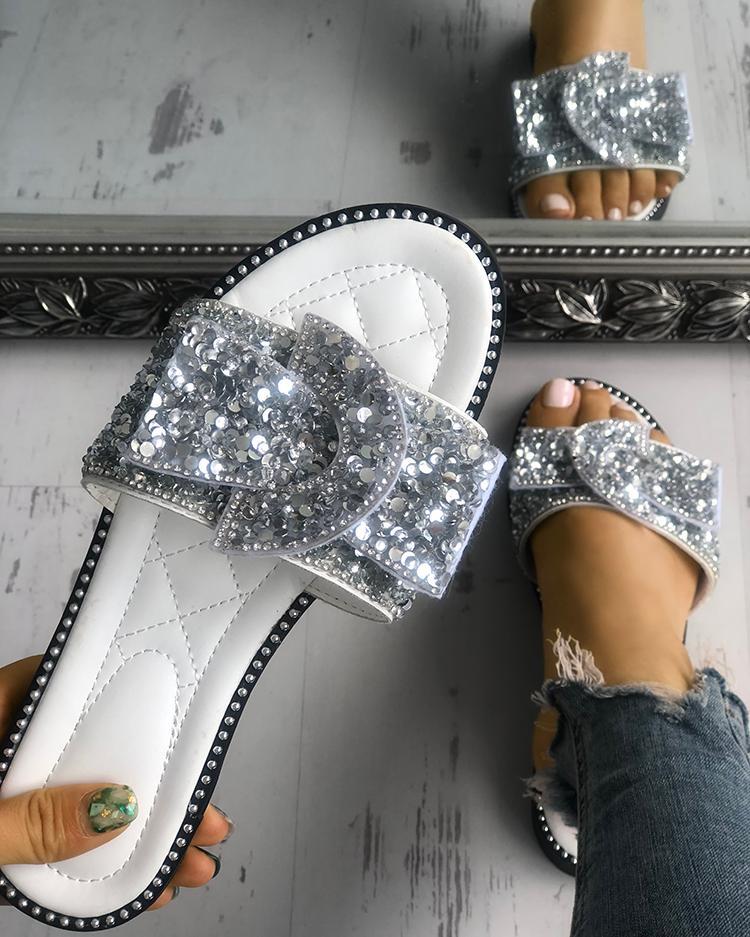 Outlet26 Rivet Sequins Embellished Peep Toe Flat Sandals silver