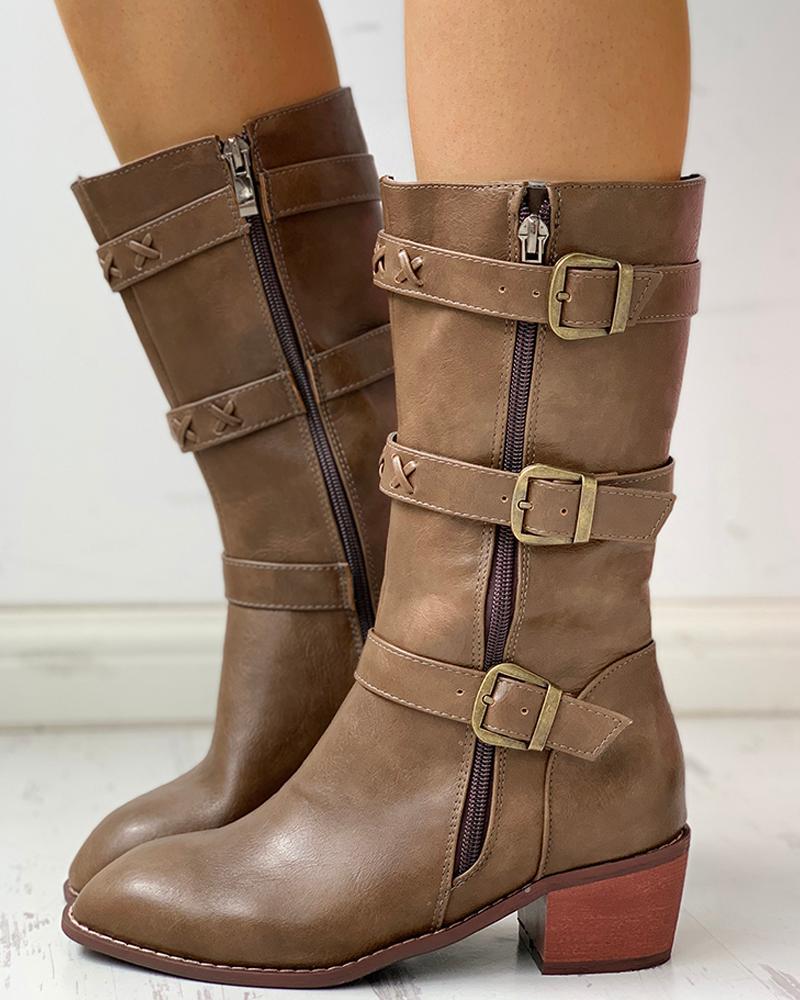 Outlet26 Solid PU Buckled Zipped Chunky Heeled Boots coffee