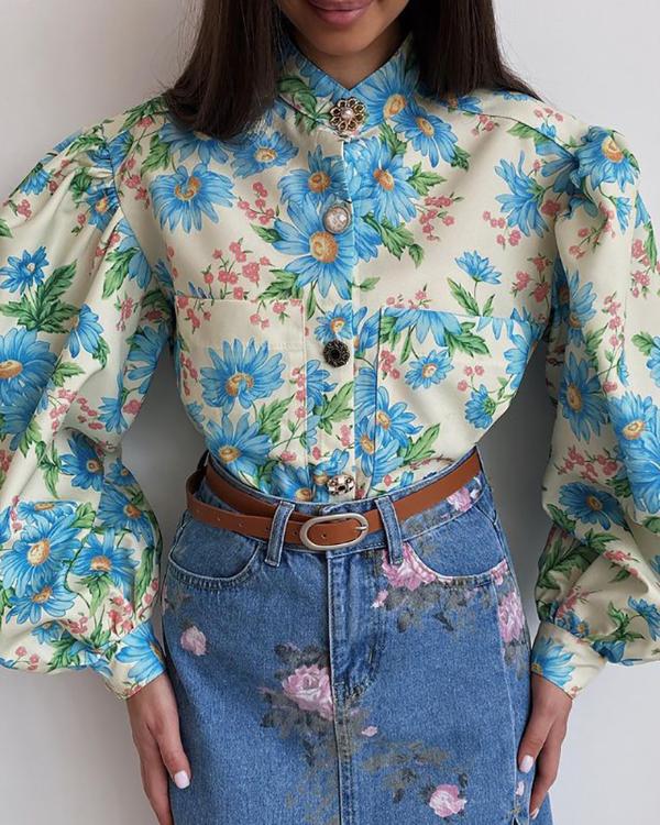 Floral Print Buttoned Lantern Sleeve Top
