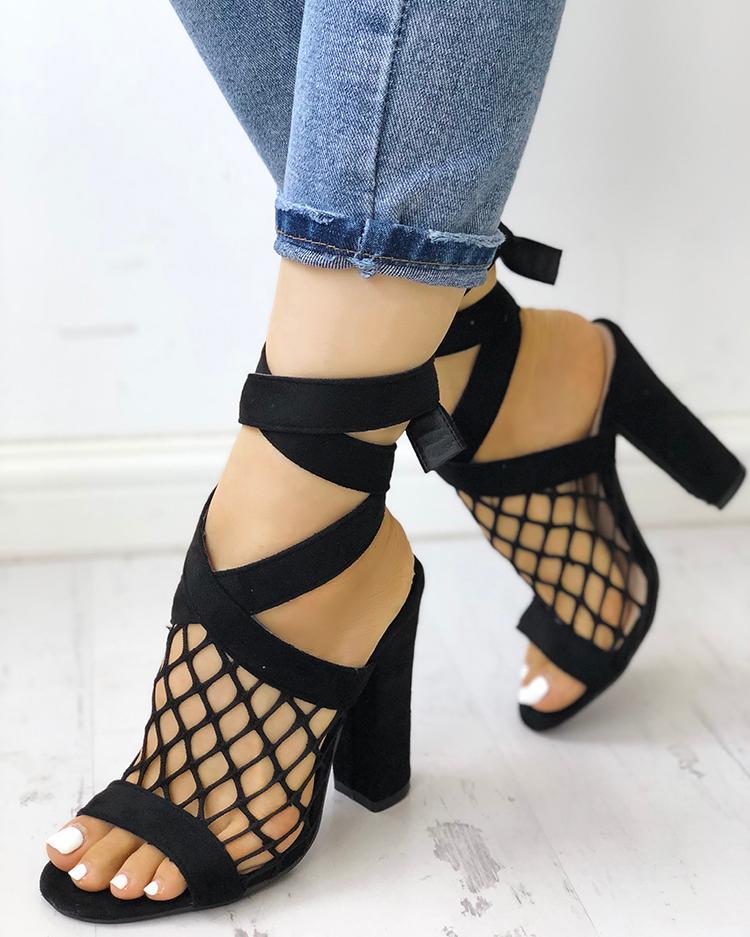 Hollow Out Lace-up Chunky Sandals