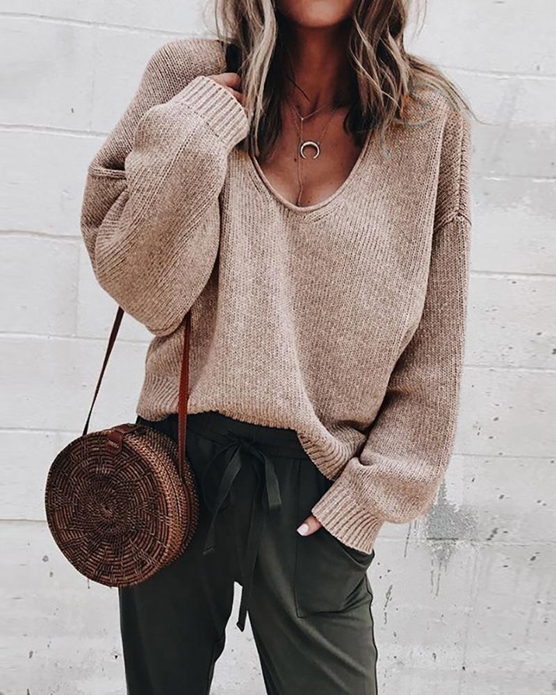Solid Long Sleeve V-Neck Casual Sweater
