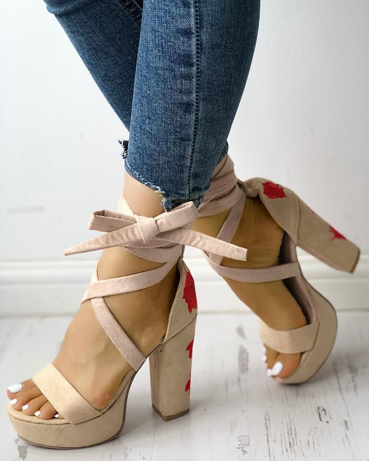 Rose Embroidered Lace-up Chunky Heeled Sandals
