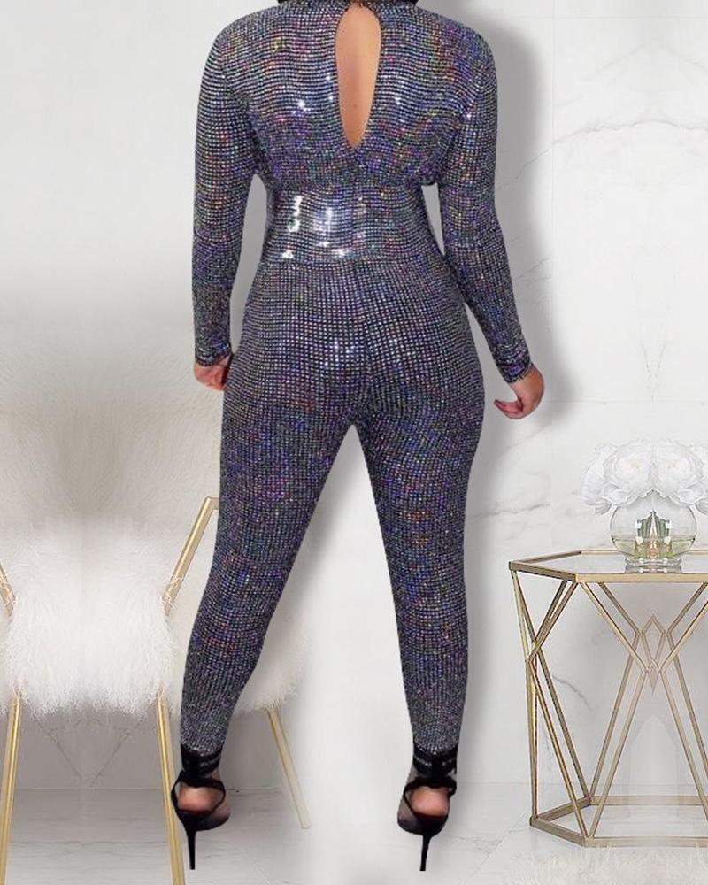 Sequined Backless Plunge Jumpsuit