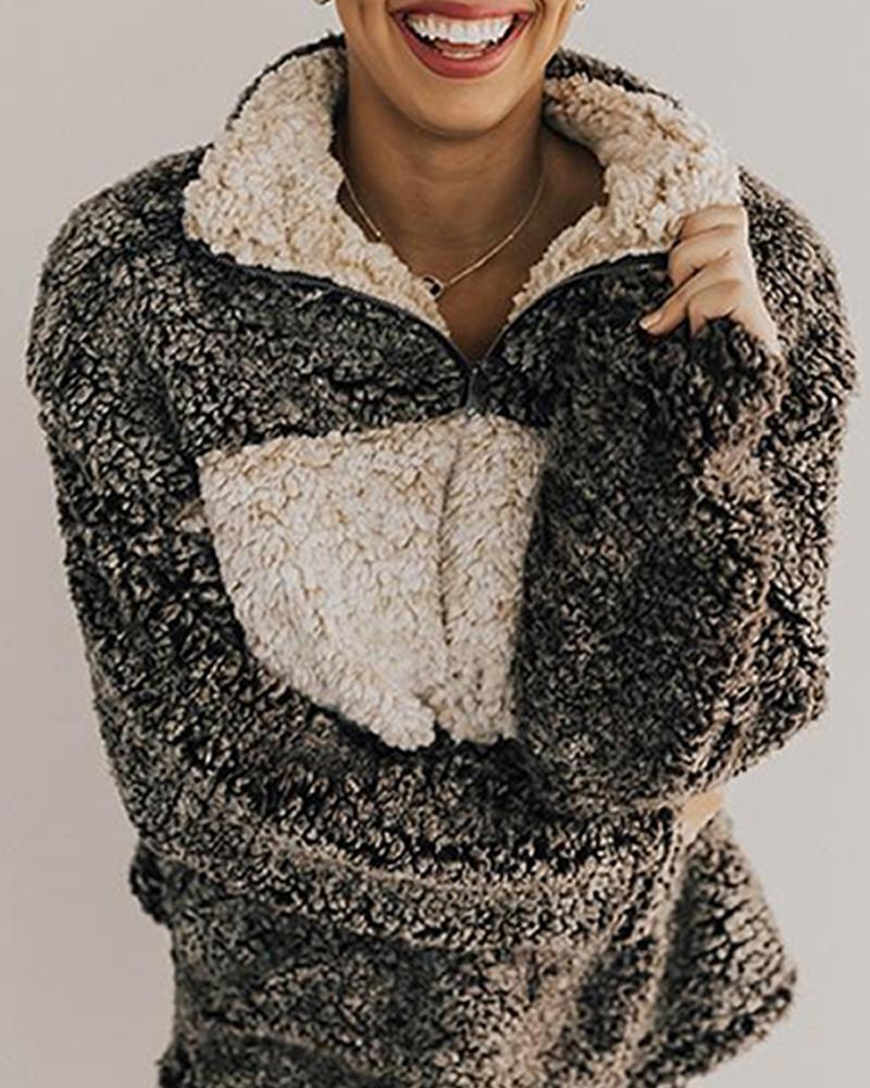 Zip Neck Contrast Faux Fur Sweater