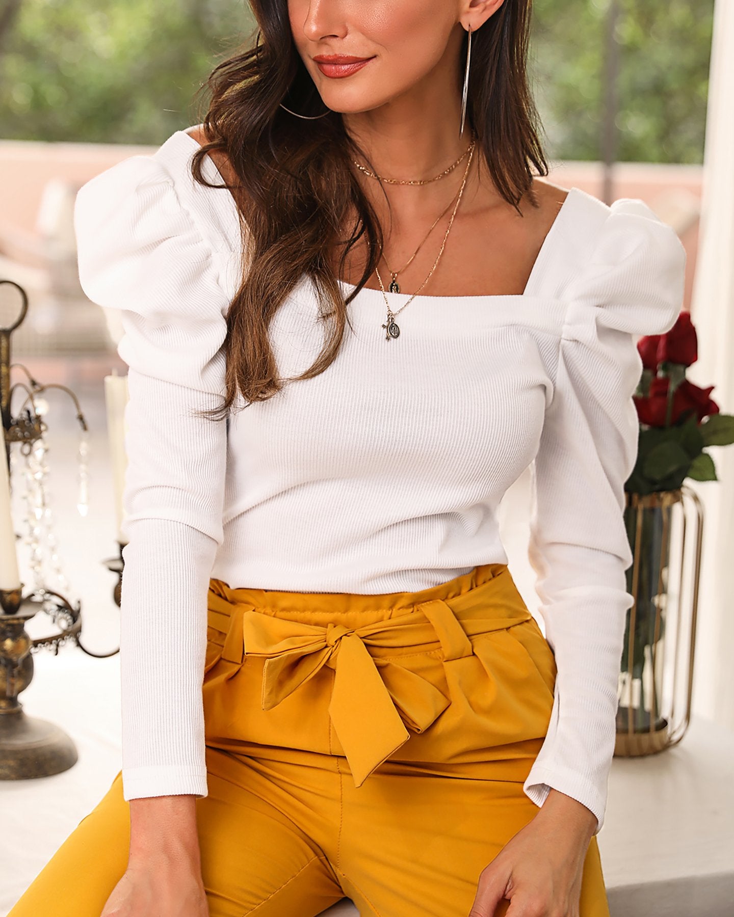 Solid Puffed Sleeve Blouse