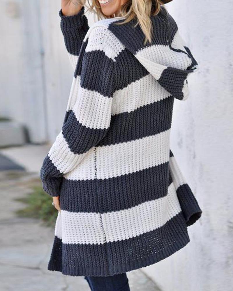Open Front Striped Hooded Kitted Cardigan