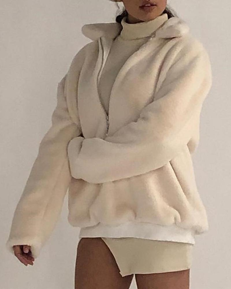 Solid Fluffy Zip Front Jacket
