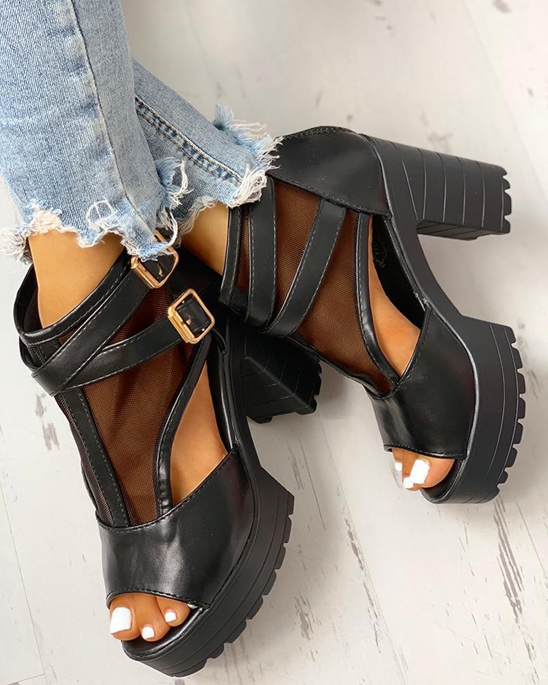 Patchwork Mesh Hollow Out Platform Chunky Heeled Sandals