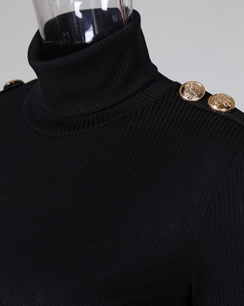 Solid High Neck Buttoned Detail Sweater