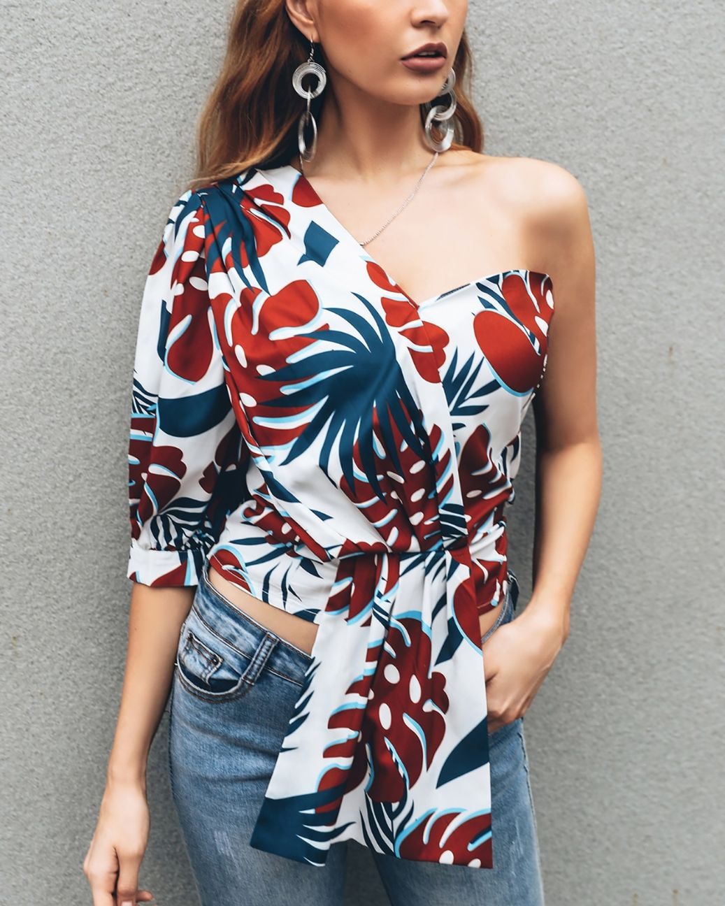 One Shoulder Print Casual Blouse