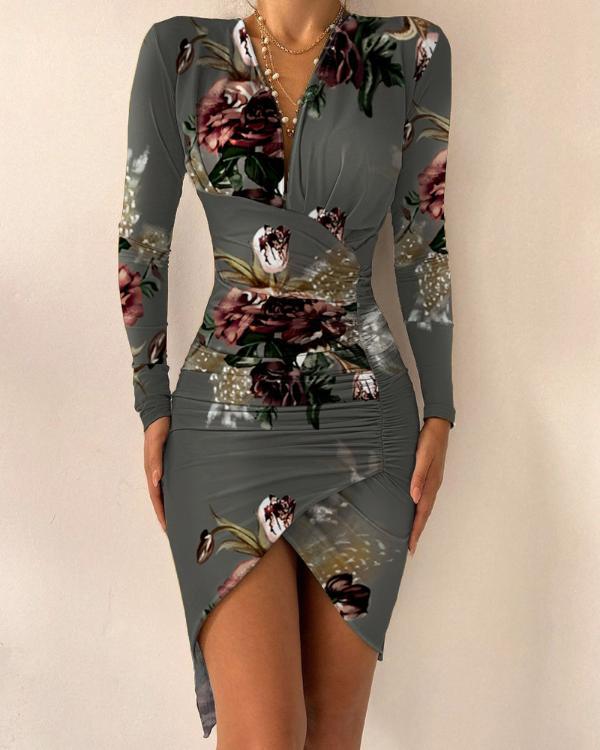 Floral Print Asymmetrical Ruched Long Sleeve Party Dress