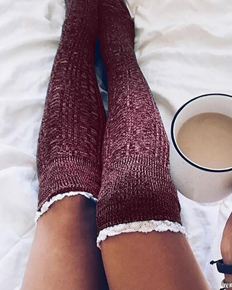 Lace Trim Colorblock Over The Knee Socks