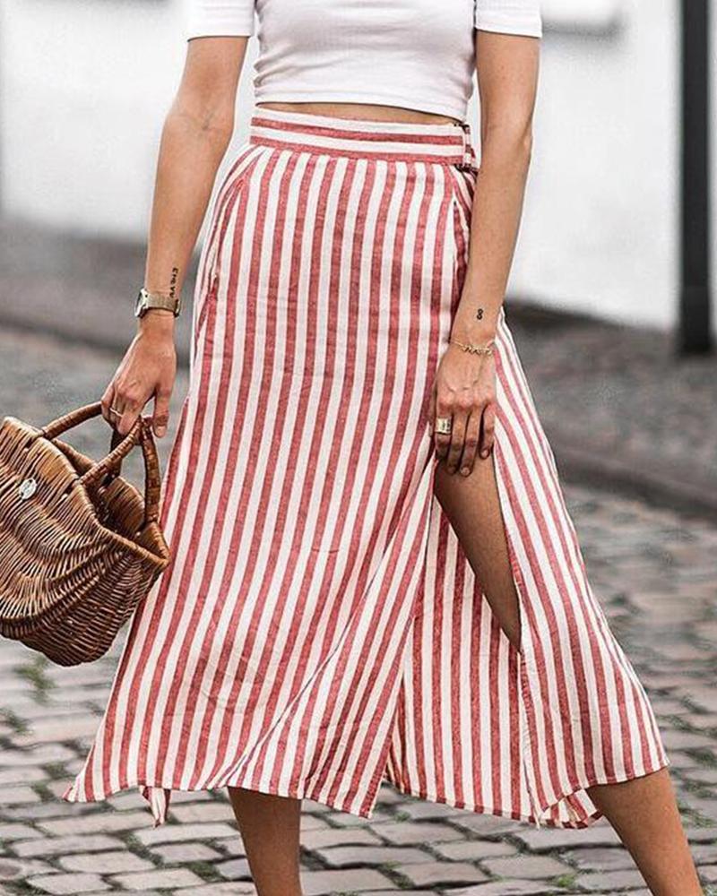 Striped Belted Chiffon Midi Skirt