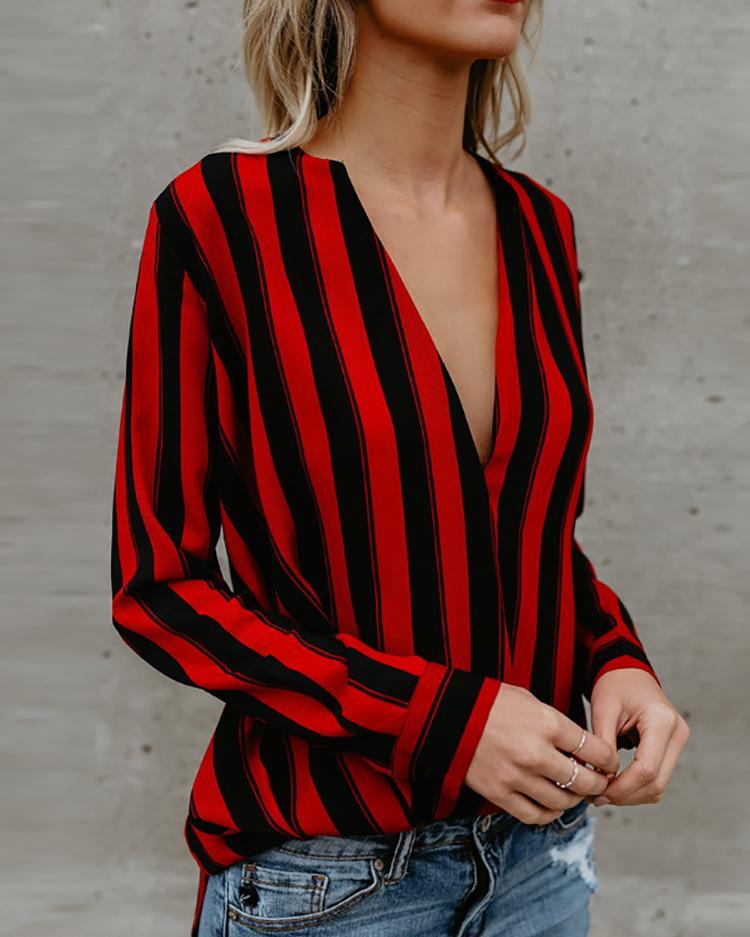 Outlet26 Stripes Deep V Long Sleeve Casual Blouse red