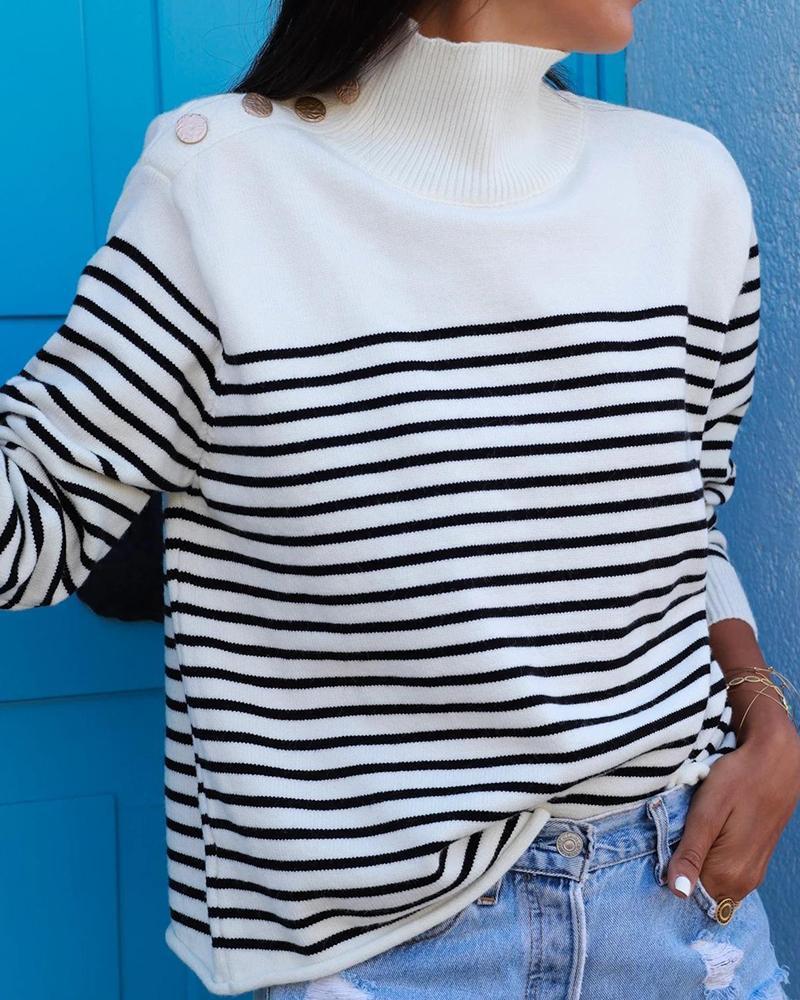 Casual High Neck Striped Sweater