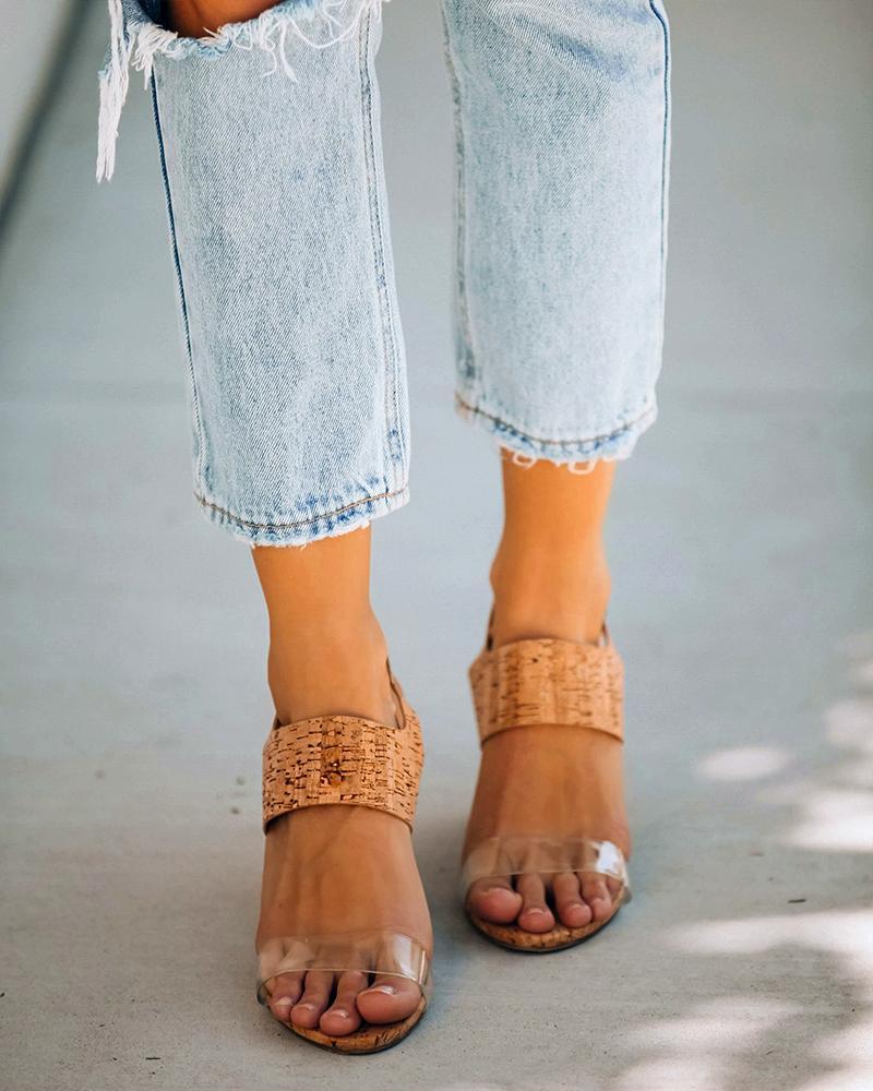 Wood Textured Chunky Heel Sandals