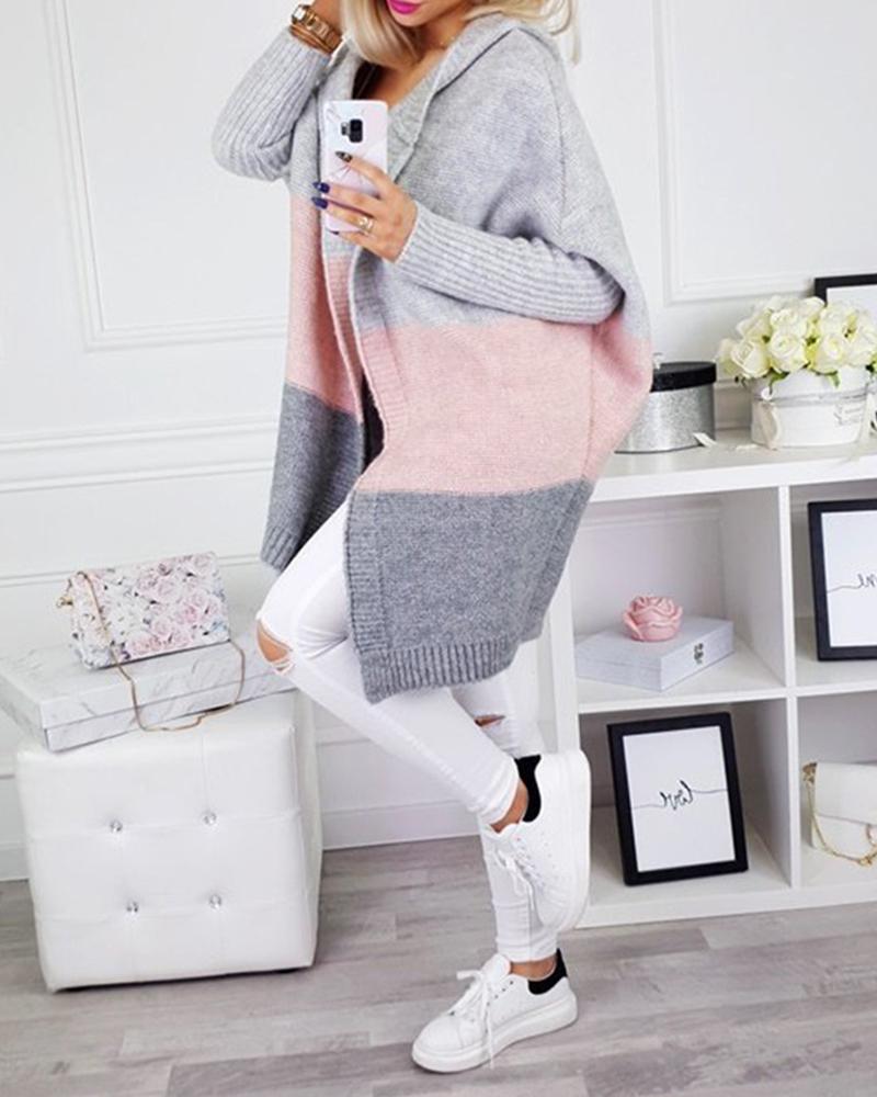 Outlet26 Solid Style Patchwork knit medium length cardigan sweater pink