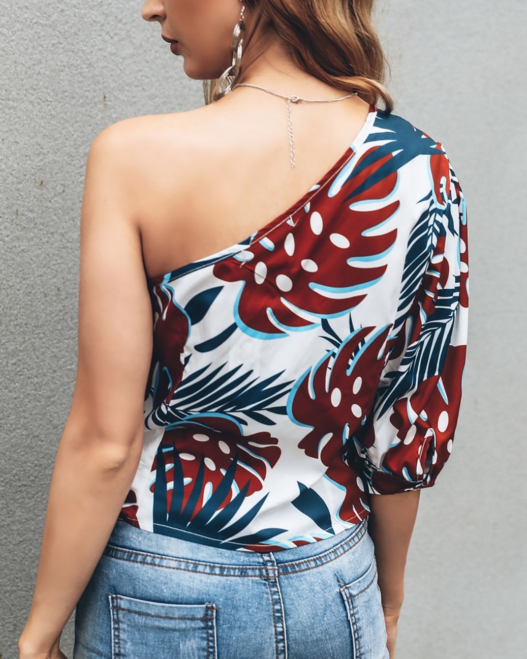 One Shoulder Print Casual Blouse
