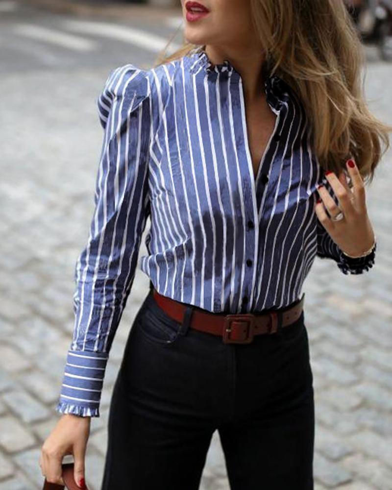Striped Puffed Sleeve Frill Hem Casual Blouse