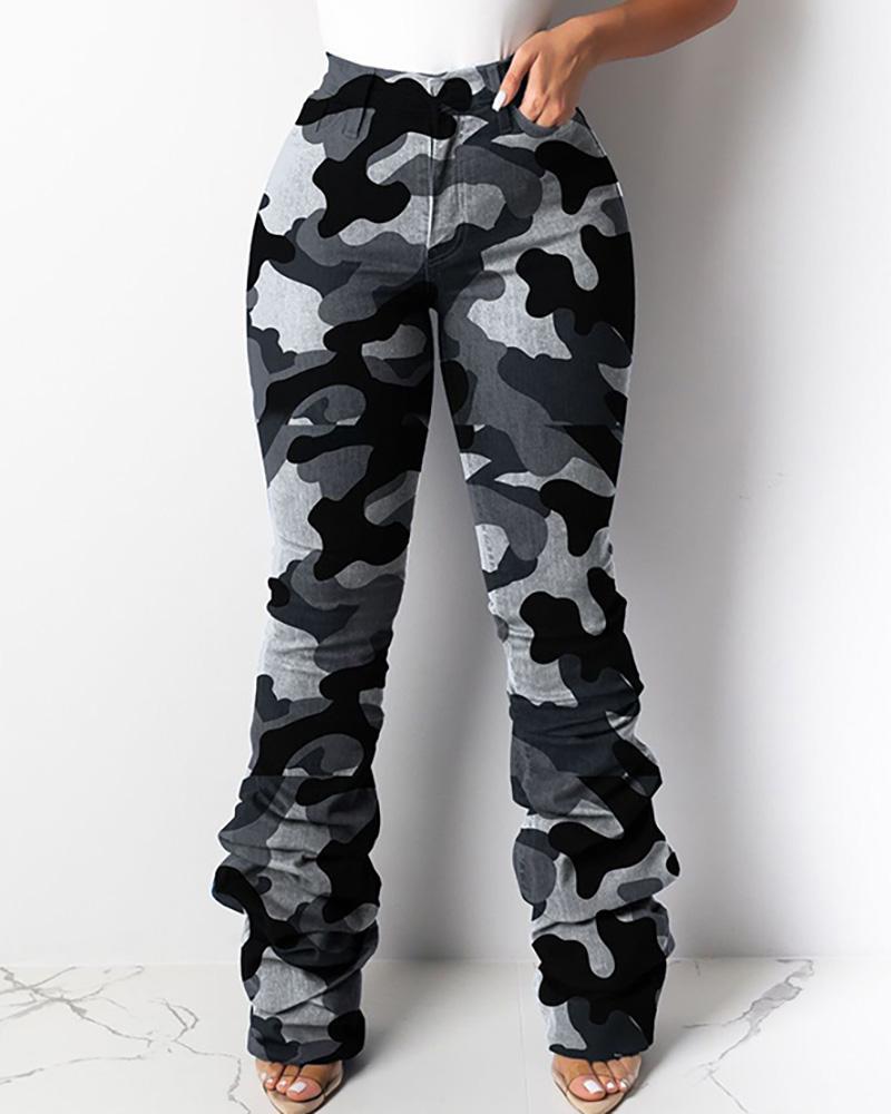 High Waist Print Layered Ruched Bell-bottomed Pants