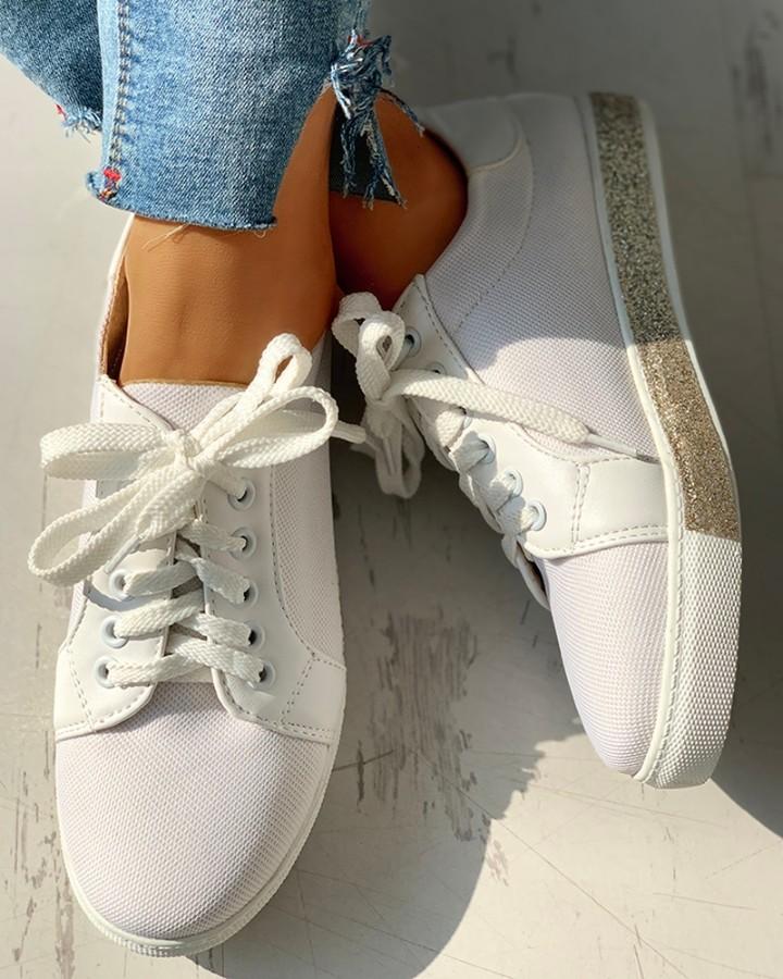 Glitter  Eyelet Lace-up Flat Sneakers