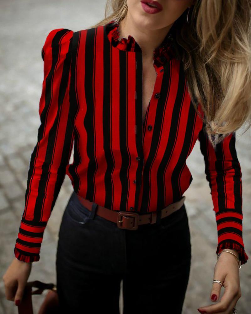Outlet26 Colorblock Striped Frill Cuff Buttoned Shirt red