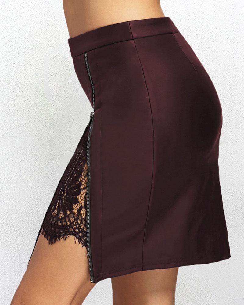 Faux Leather Lace Trim Zipper Mini Skirt