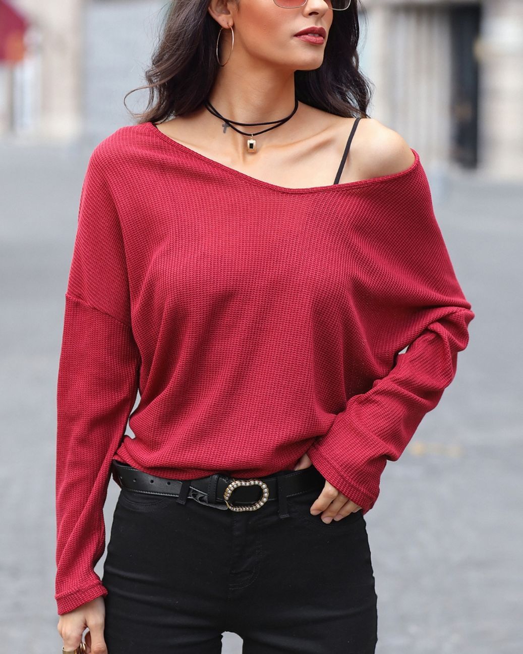 Outlet26 Solid Deep V Long Sleeve Pullover Sweater red