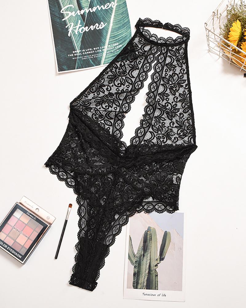 Crochet Lace Sheer Mesh Cut Out Halter Teddy