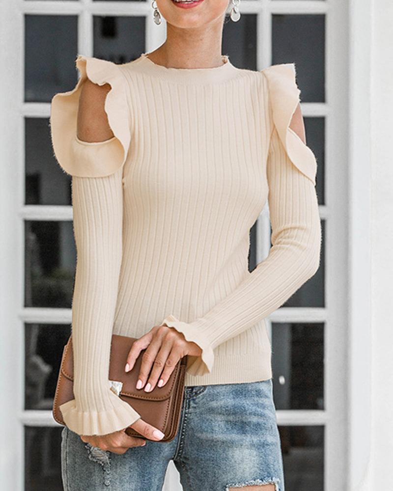 Outlet26 Cold Shoulder Ruffle Sleeve Top Apricot