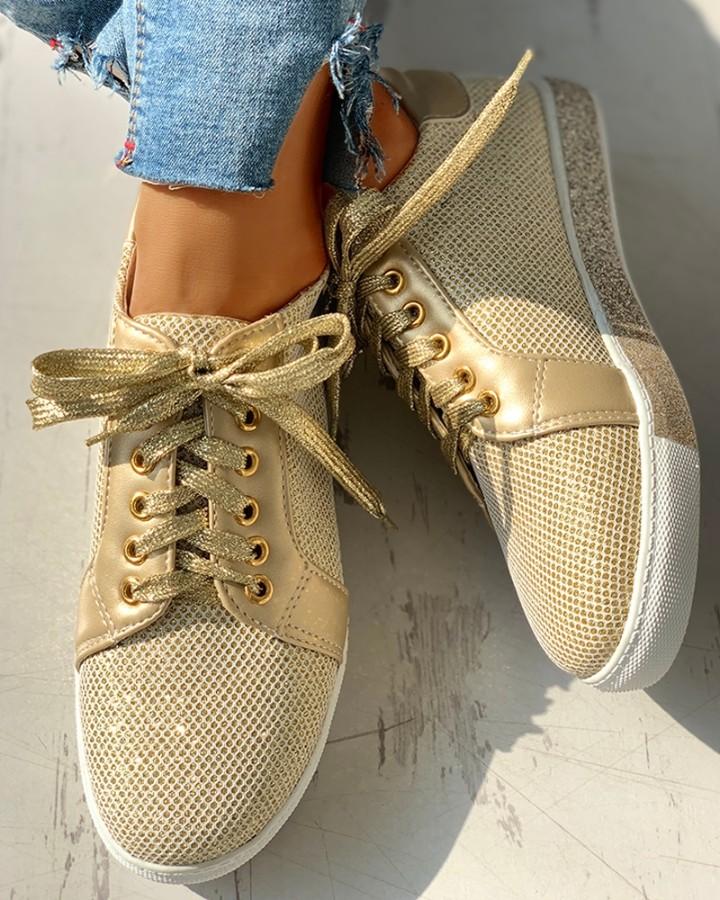 Glitter  Eyelet Lace-up Flat Sneakers