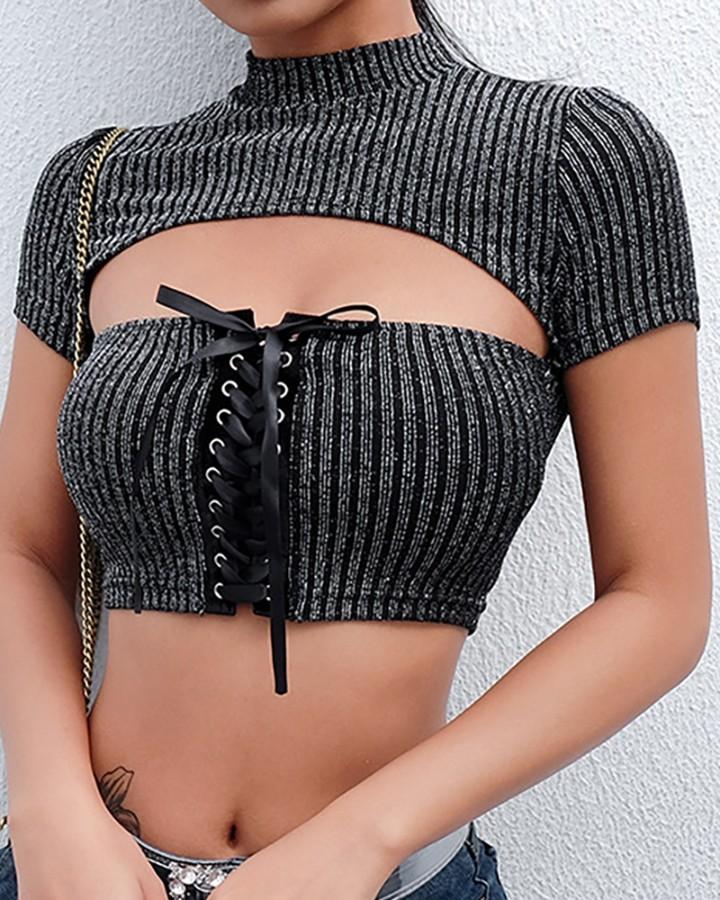 Glitter Eyelet Lace-Up Patch Crop T-Shirt