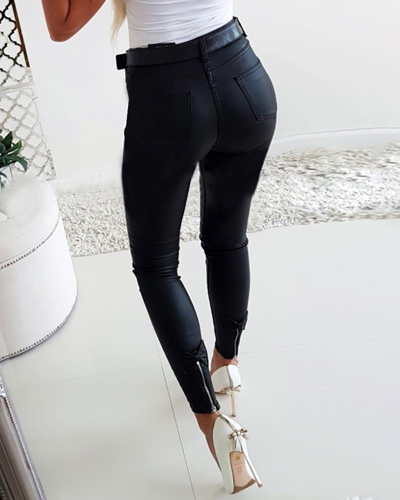 Pu Zipper Design Bowknot Detail Pants