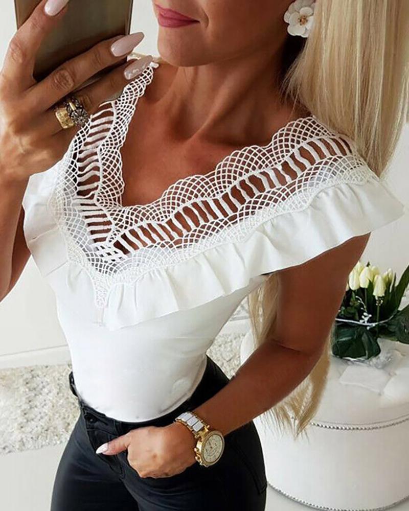 Hollow Out Lace V Neck White Top