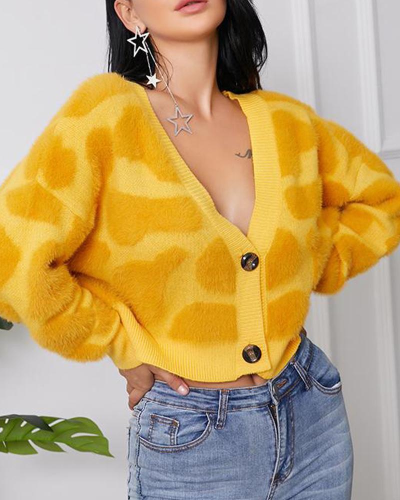 Outlet26 Leopard Print V Neck Cardigan yellow