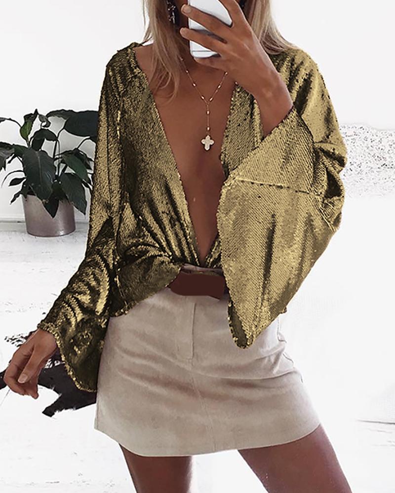 Outlet26 Sexy Flare Sleeve Satin Top gold