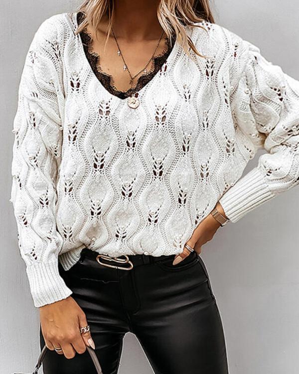 Contrast Lace V-Neck Hollow-out Sweater