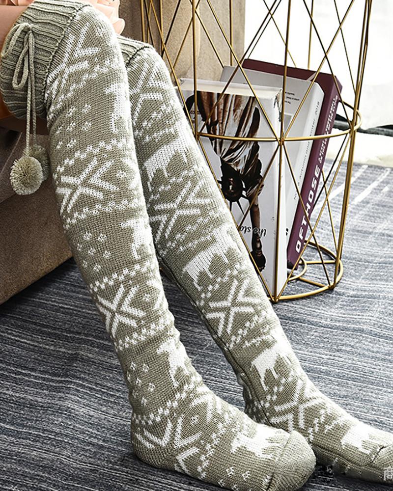 Christmas Pattern Pom Pom Knee Length Socks