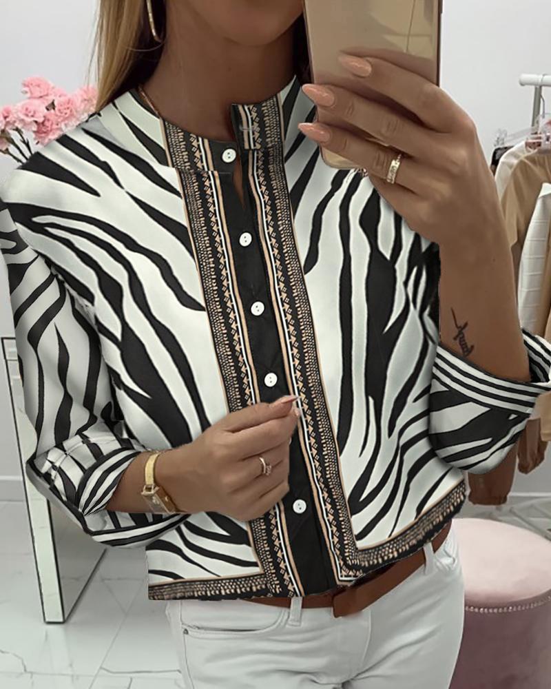 Outlet26 Zebra Print Button Long Sleeve Casual Blouse white