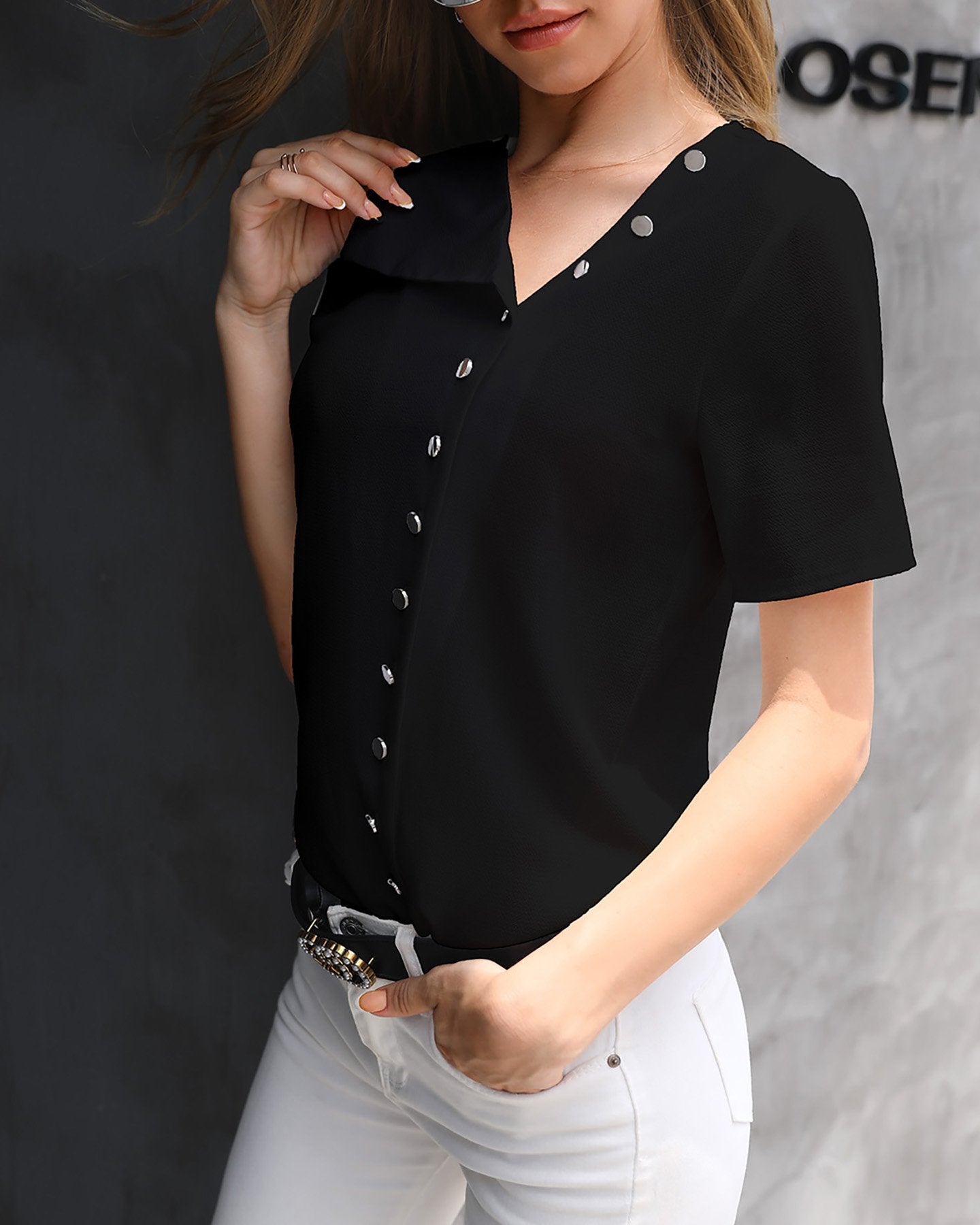 Short Sleeve Buttoned Casual Blouse