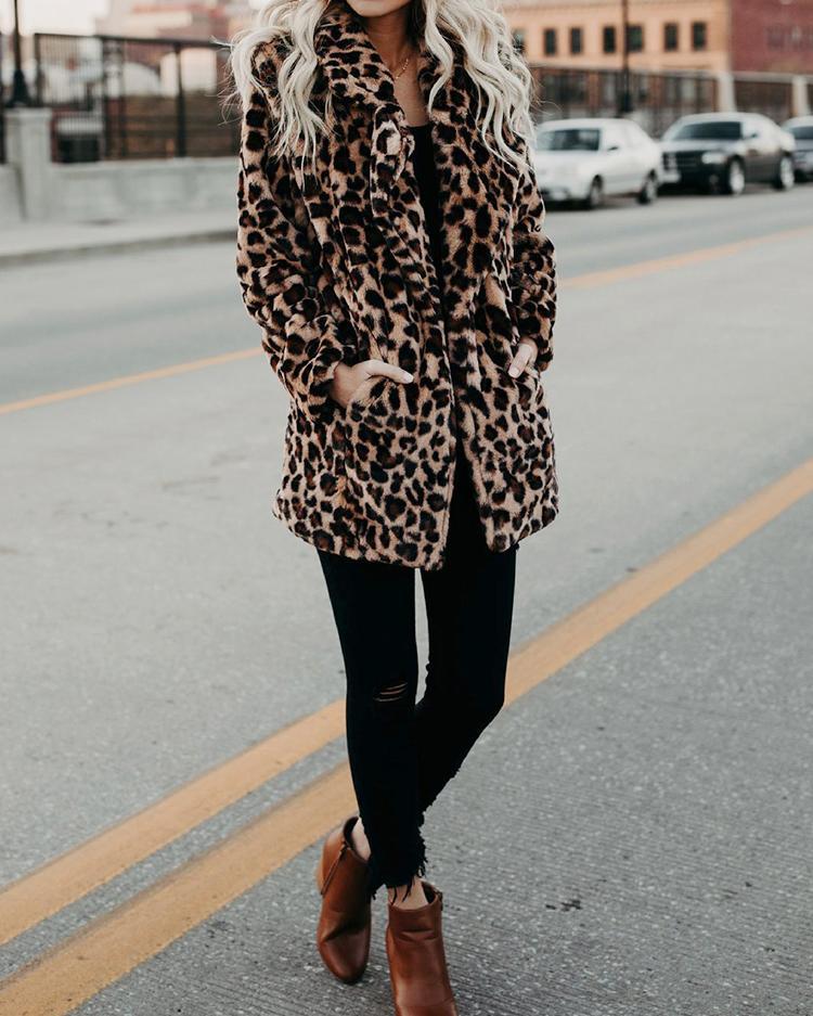 Leopard Print Casual Faux Fur Coat