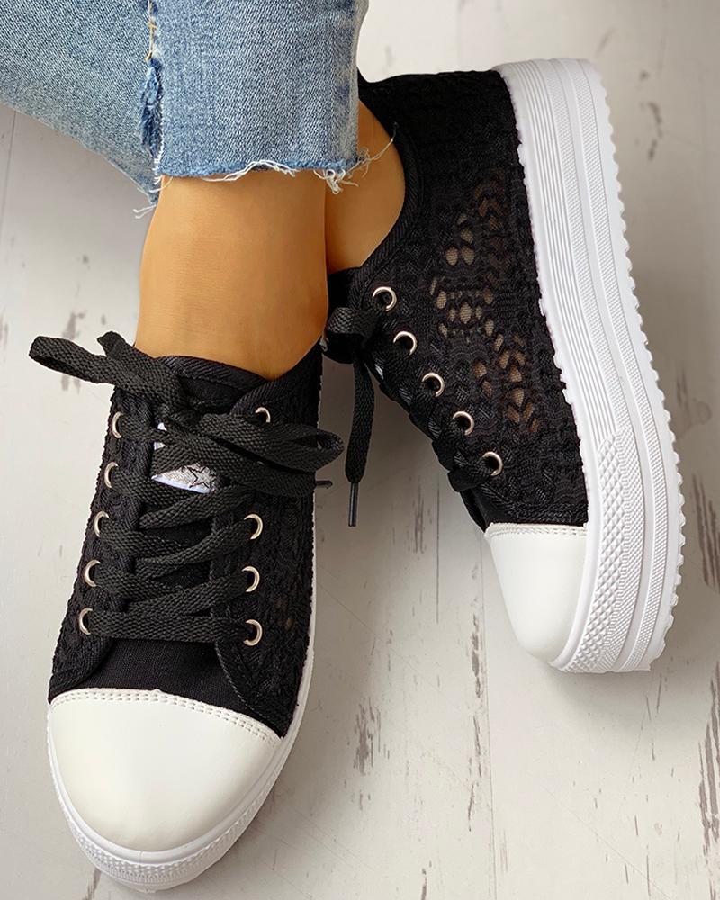 Colorblock Eyelet Hollow Out Lace-Up Sneakers