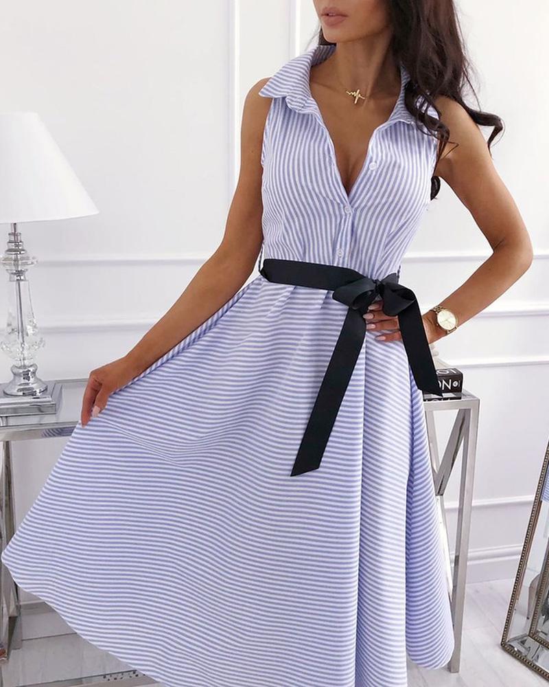 Sleeveless Striped Belted Casual Dress